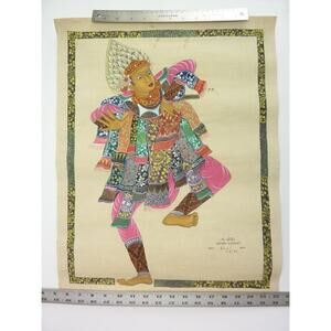 Vintage 70s Art Traditional Bali Indonesia Signed Painting on Fabric Pink Dancer